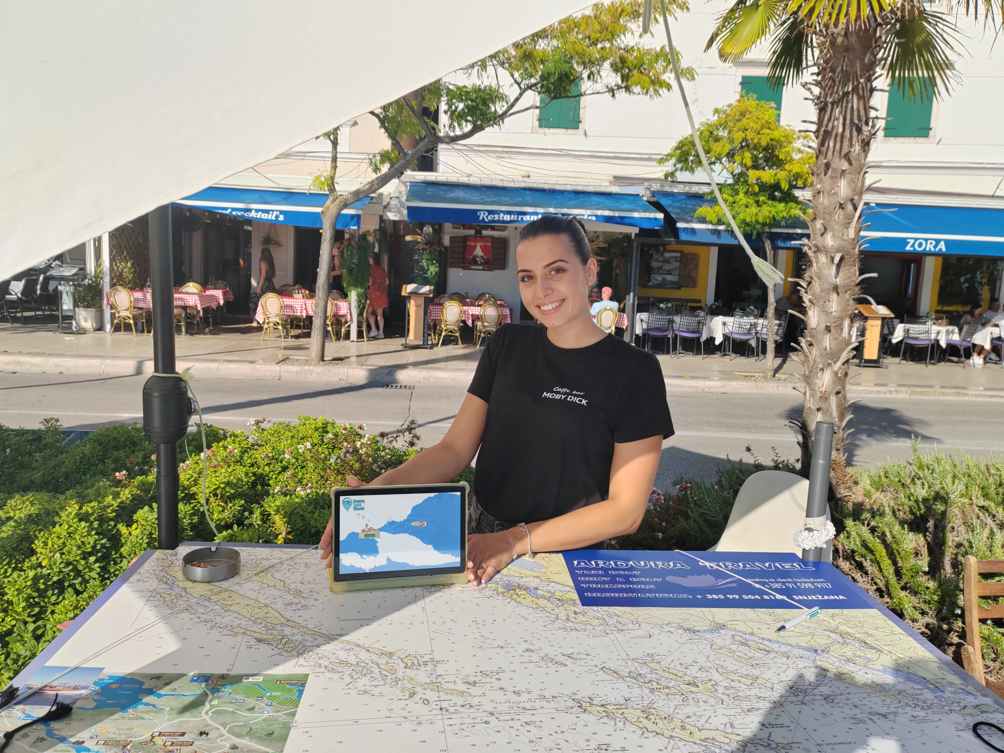 The NautiMaps map on a booking-stand display